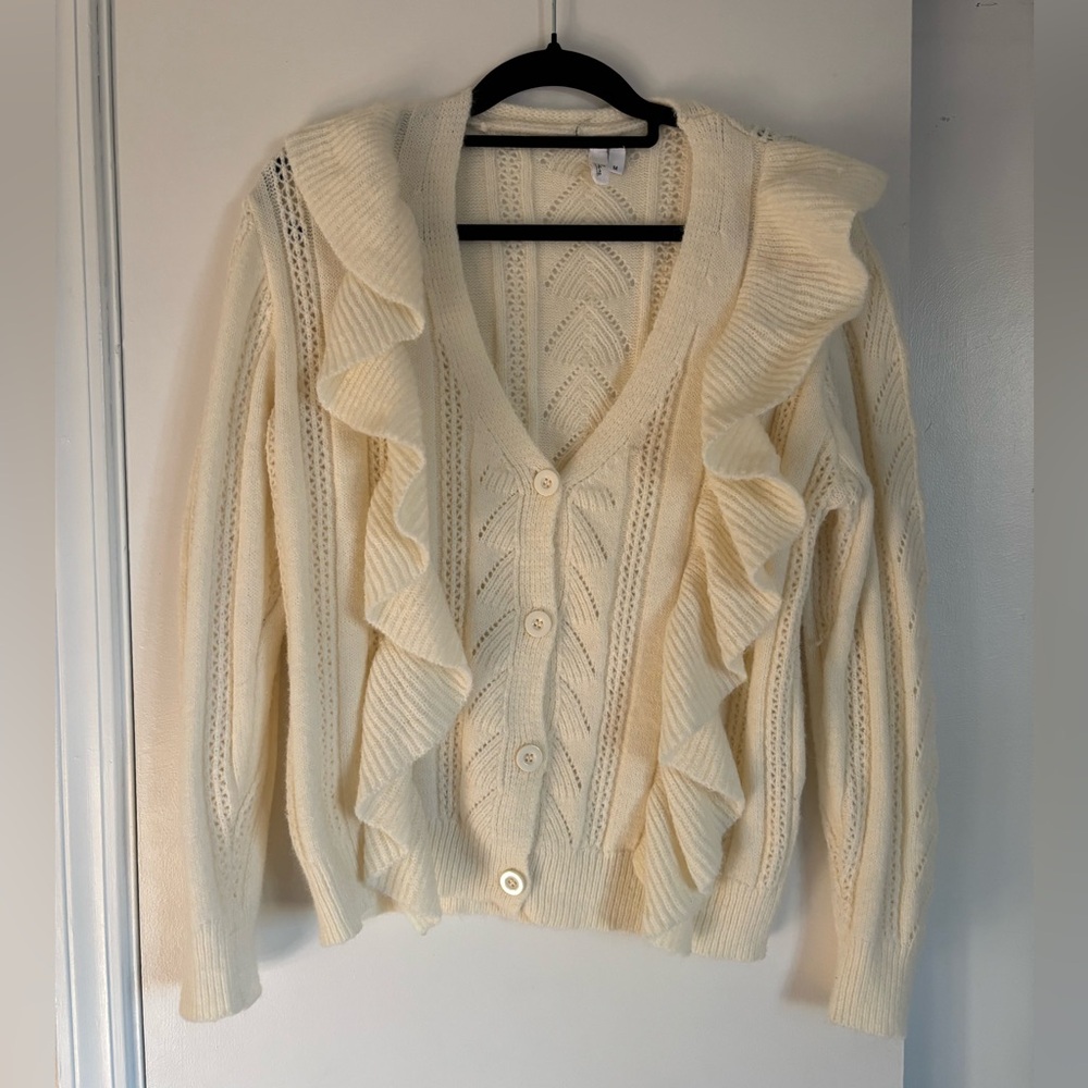Elan Josalee button-front knit ruffle cream cardigan